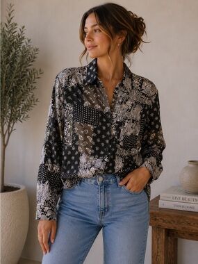 Lez Lapidus Vintage 90s Black and White Patchwork Shirt Size 8P Boho Retro Artsy